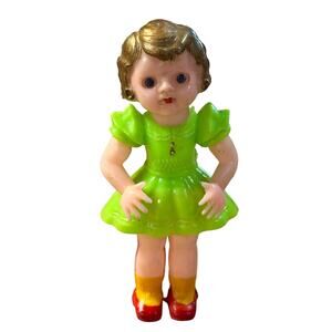 Vintage Creepy Doll Sleep Eyes‎ Green Dress Halloween Toy 1950s Hong Kong
